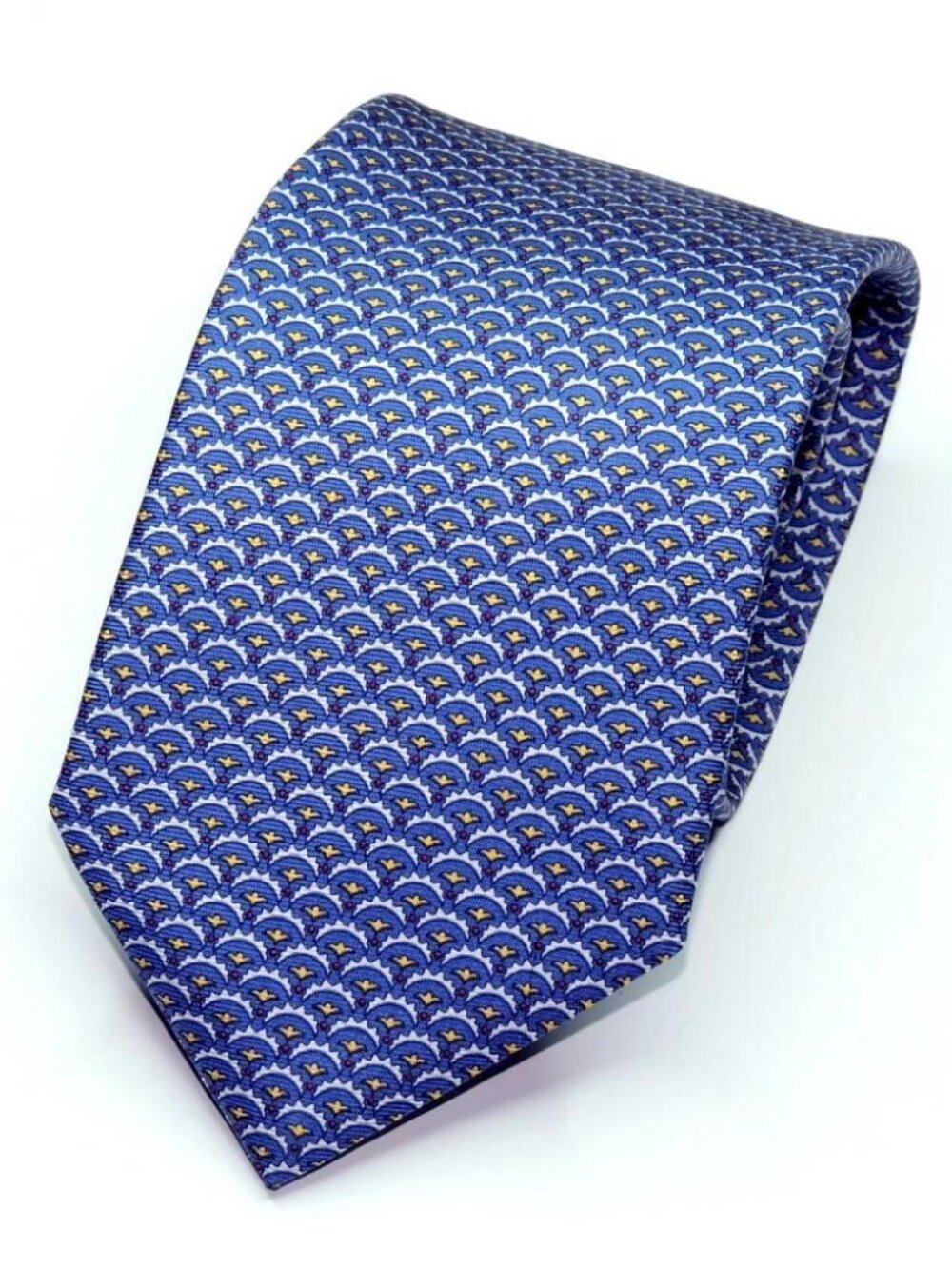 Dunhill Made In Italy Gorgeous Blue W/ White & Yellow Motifs Tie 59" X 3 3/8"